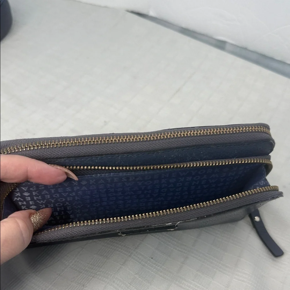Kate Spade NY Anita Slate Blue Leather Double Zip Coin Card Bill Wristlet Clutch